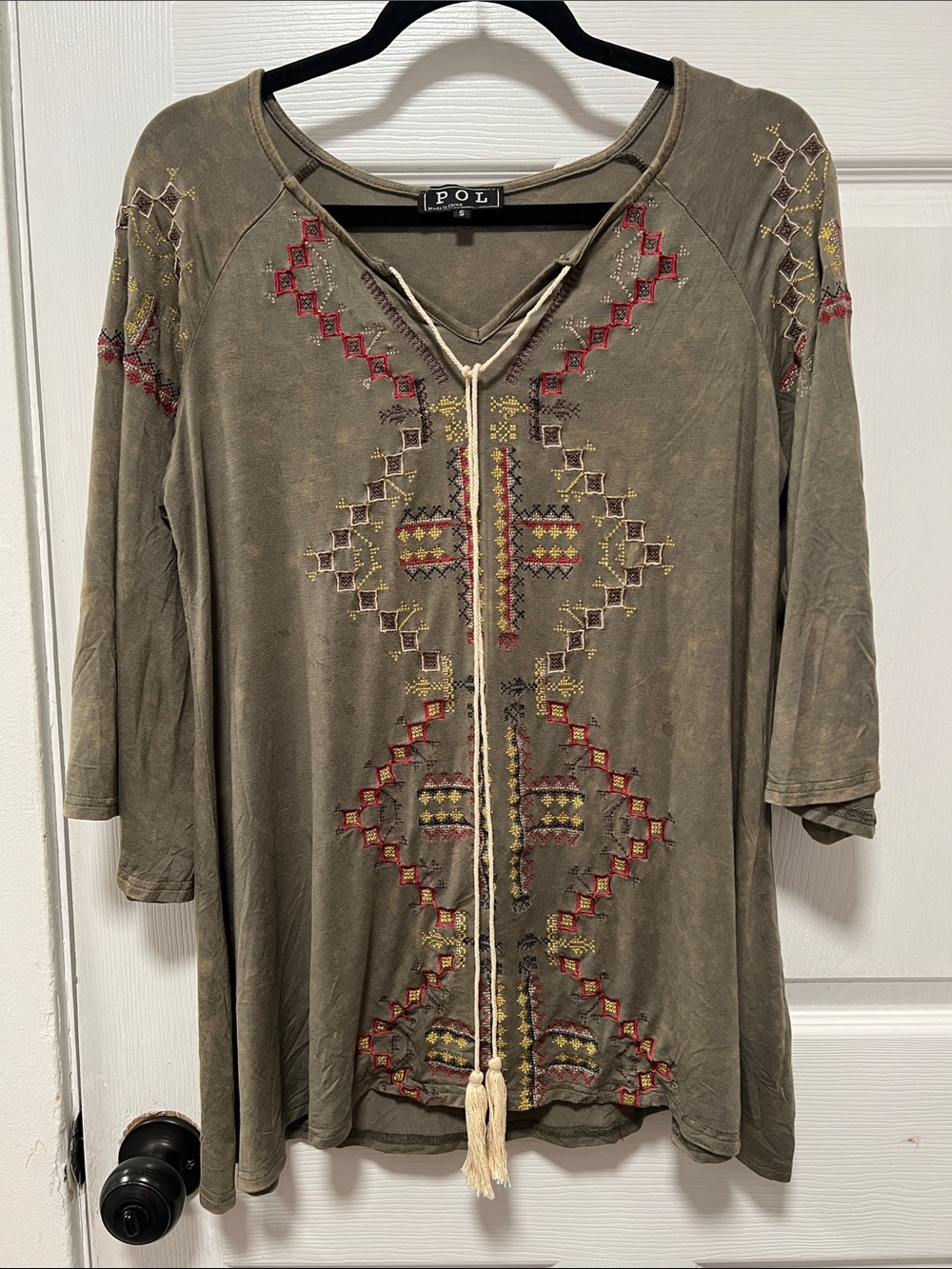POL Olive Green Embroidered Boho Tie-Front Tunic